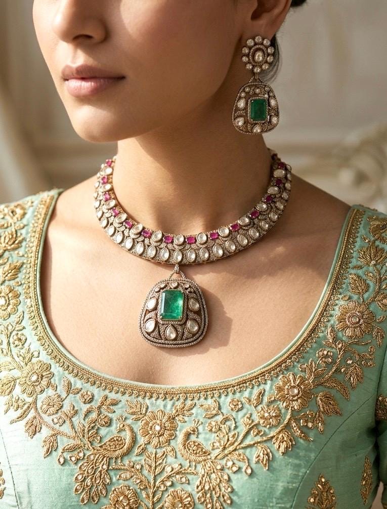ZOHA Mint Ruby kundan and moissanite necklace set in doublet stone,Indian Pakistani wedding jewelry in antique golden polish