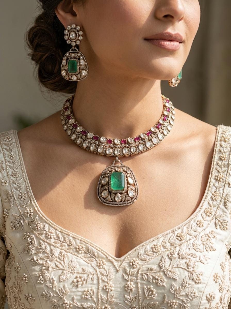 ZOHA Mint Ruby kundan and moissanite necklace set in doublet stone,Indian Pakistani wedding jewelry in antique golden polish