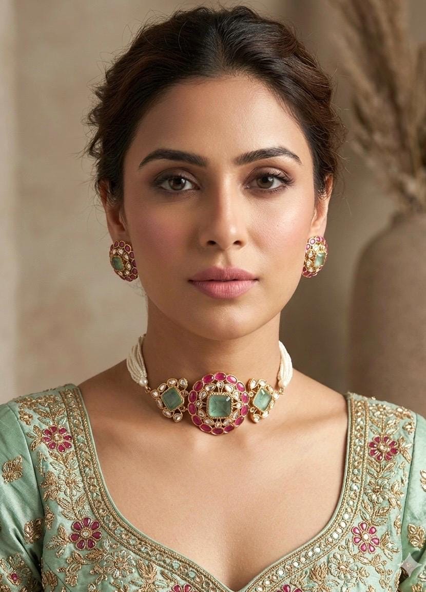 SAADIYA Premium quality soft mint and deep ruby pink colour kundan and polki choker necklace set in doublet stone, Indian pakistani jewelery