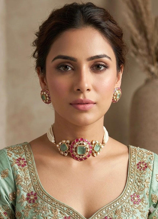 SAADIYA Premium quality soft mint and deep ruby pink colour kundan and polki choker necklace set in doublet stone, Indian pakistani jewelery