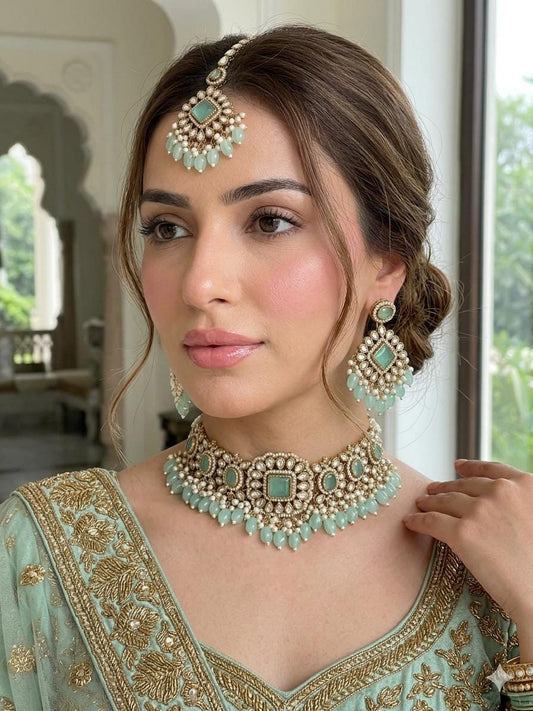 GAURI mint and golden cz Kundan and moissanite replica choker necklace set with maangtika, Indian Pakistani wedding bridal jewelry