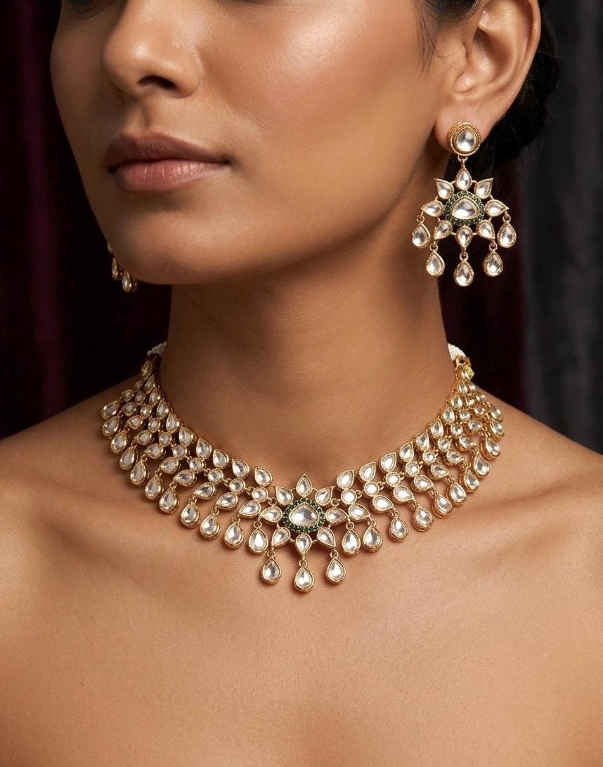 JOLENE Premium quality kundan and polki choker necklace set, Indian Pakistani wedding and festive Jewelery