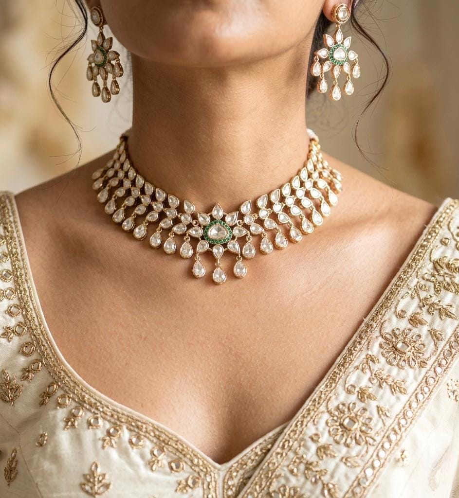 JOLENE Premium quality kundan and polki choker necklace set, Indian Pakistani wedding and festive Jewelery