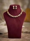 ESHAL clear stones cz zircon sleek necklace with matching earrings, Indian ethnic jewelry in matt gold polish