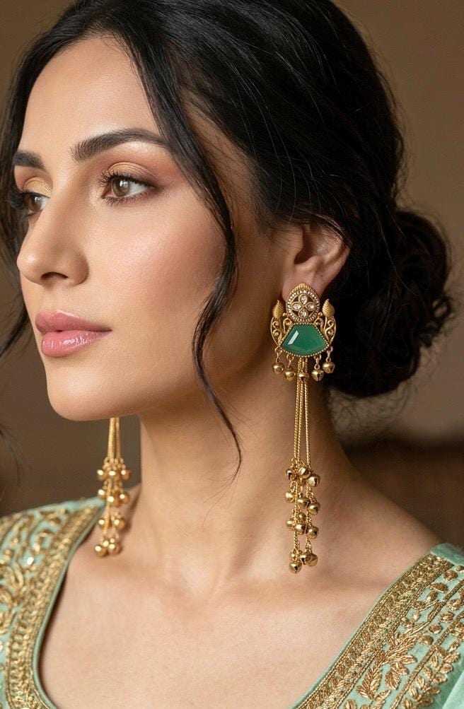 CLEO mint green and golden Ghunghroo earrings, Kashmiri long statement earrings, Indian Pakistani ethnic tradition wedding jewelry