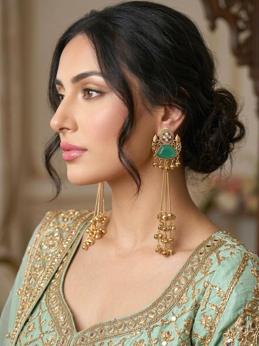 CLEO mint green and golden Ghunghroo earrings, Kashmiri long statement earrings, Indian Pakistani ethnic tradition wedding jewelry