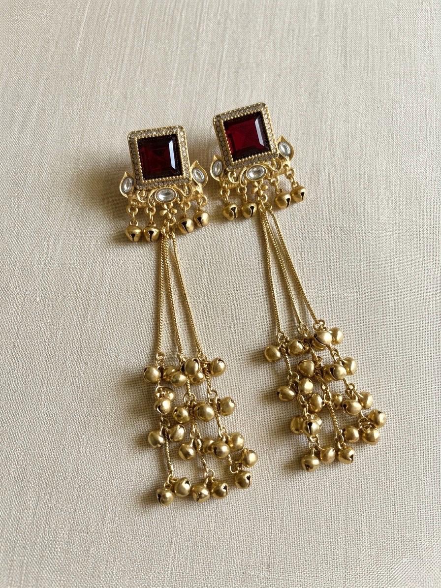 TIA Ruby red and golden Ghunghroo earrings, Kashmiri long statement earrings, Indian Pakistani ethnic tradition wedding jewelry