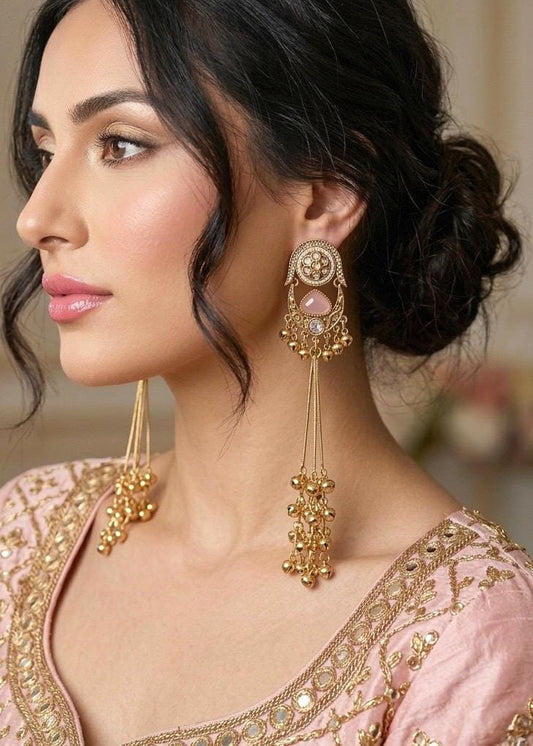 DARLA light pink and golden Ghunghroo earrings, Kashmiri long statement earrings, Indian Pakistani ethnic tradition wedding jewelry