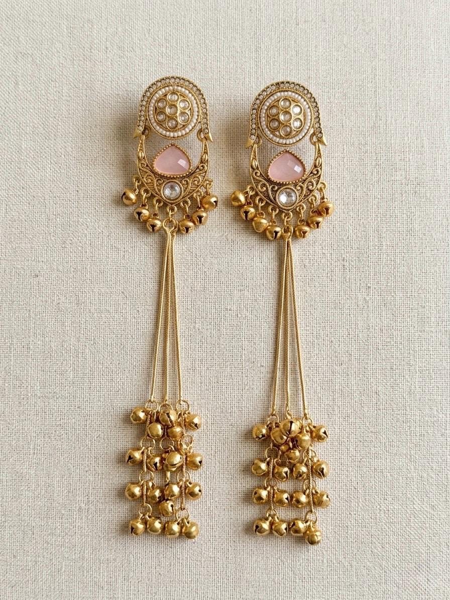 DARLA light pink and golden Ghunghroo earrings, Kashmiri long statement earrings, Indian Pakistani ethnic tradition wedding jewelry