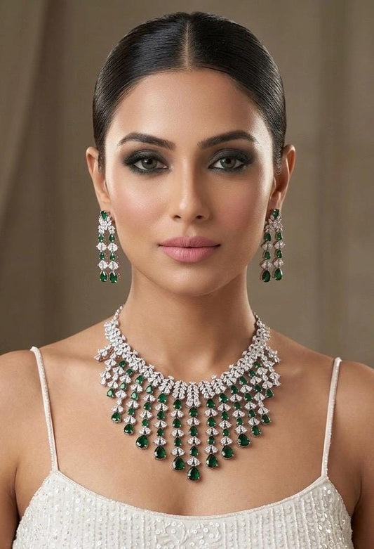 ZAINAB Emerald green necklace set,American Diamond  necklace earrings set Indian bridal wedding jewelry,Pakistani jewellery,green colour