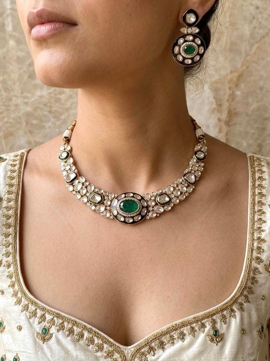 SEHMAT Premium quality Moissanite and kundan Necklace set in emerald green, Indian Pakistani wedding bridal jewelry