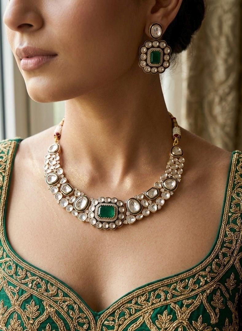 JAZMIN Premium quality Moissanite and kundan Necklace set in emerald green, Indian Pakistani wedding bridal jewelry
