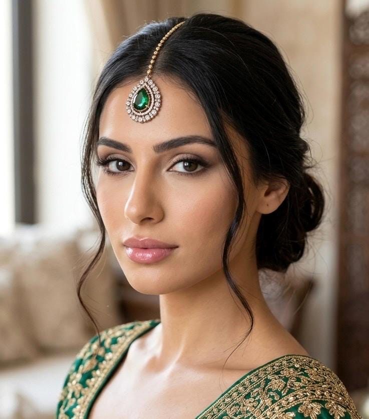 TISCA Emerald green  maangtika, Indian bridal jewelry/ forehead accessory