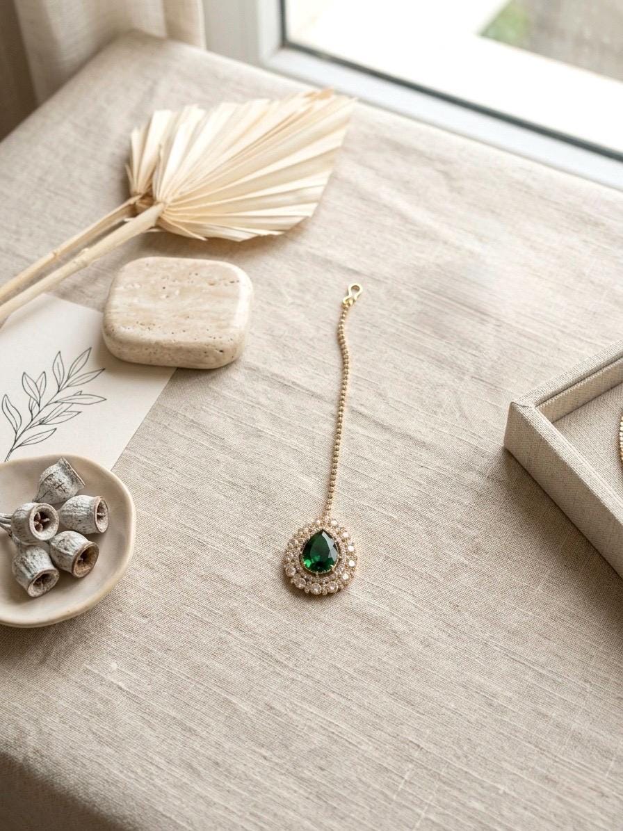TISCA Emerald green  maangtika, Indian bridal jewelry/ forehead accessory