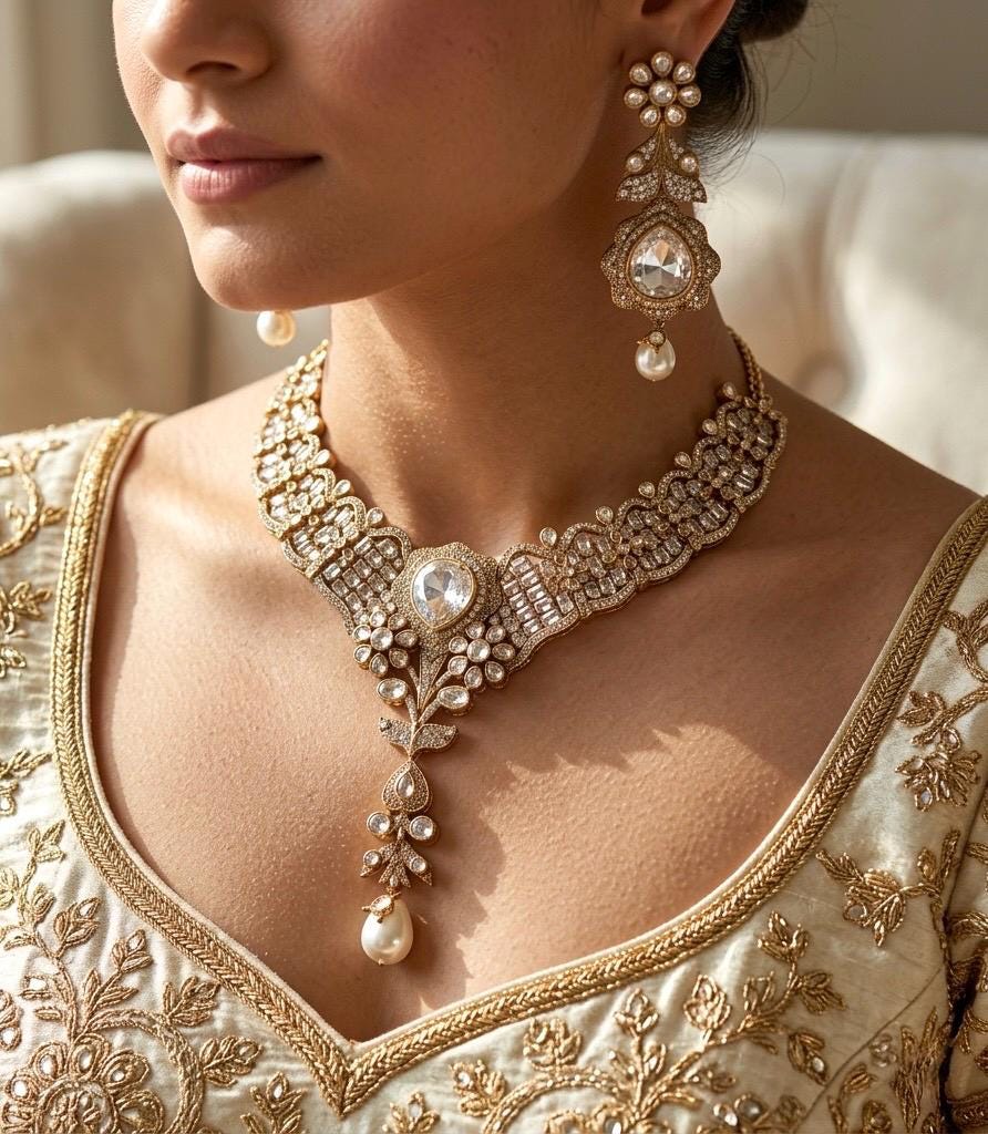MANNAT Premium quality Kundan and Polki Clear stones necklace set, Indian Pakistani wedding and festive jewelery, collar style necklace set