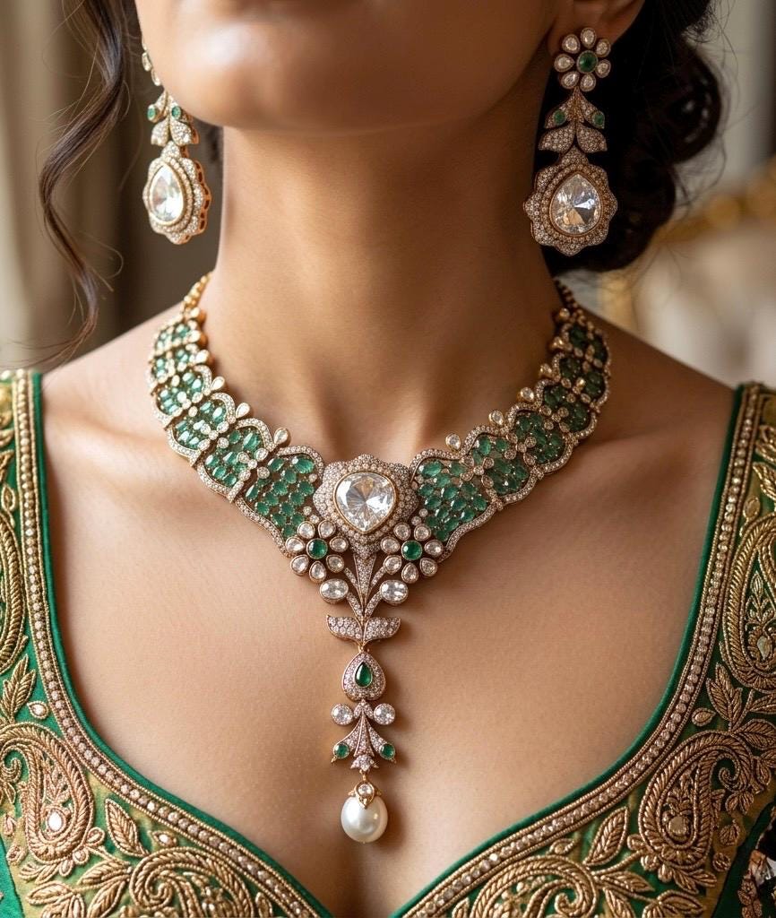 MANNAT Premium quality Kundan and Polki Mint colour necklace set, Indian Pakistani wedding and festive jewelery, collar style necklace set