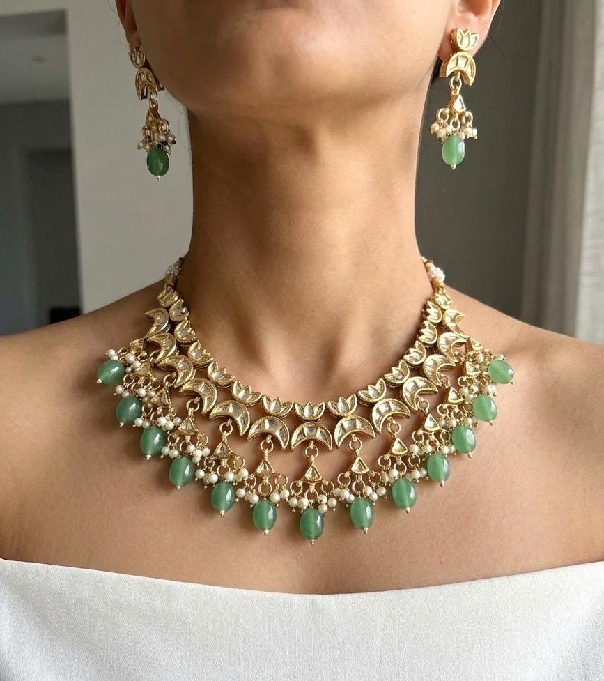 REYNA Sabyasachi inspired Mint  Fusion Kundan necklace set, indian wedding Rajwada jewelry/ pakistani jewelry