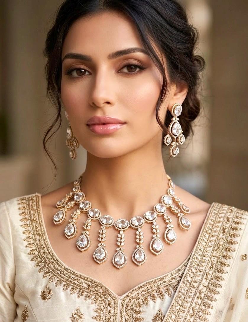 TANAAZ Golden polish clear stone necklace earrings, real diamond look high quality cz zircon prom  jewelry, gold polish wedding necklace set