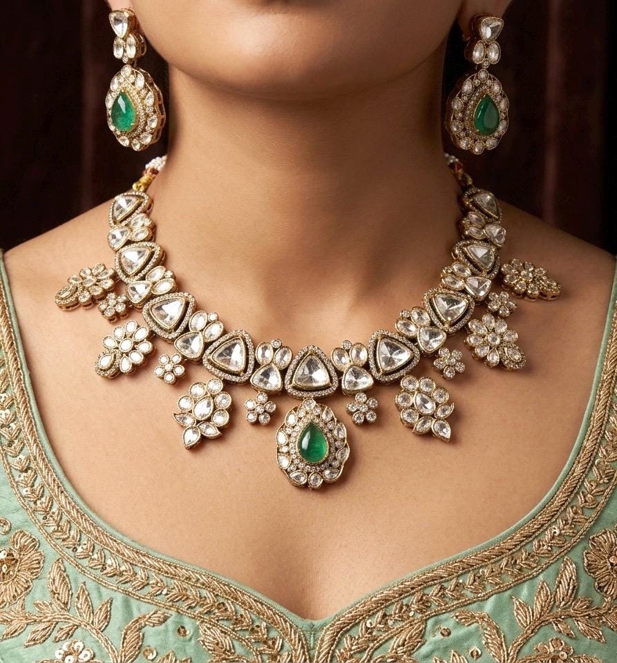 SHIRINA Gold Finish Mint  Kundan Wedding Jewelry ,Necklace Set with Earring,Indian traditional jewelry , mint green colour jewelry