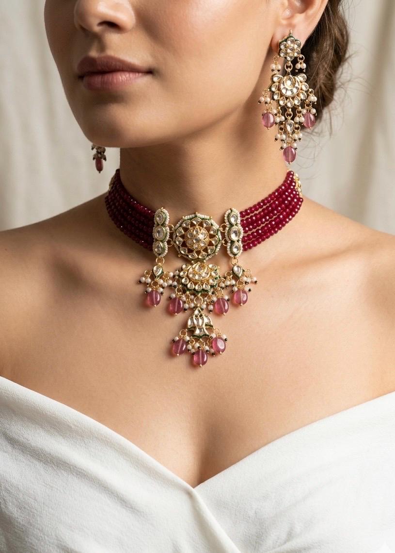 NADIRA Sabyasachi inspired Burgundy pink Fusion Kundan choker set, necklace set, indian wedding Rajwada jewelry/ pakistani jewelry