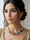 AZA Sabyasachi inspired multicoloured cabochon natural gemstones necklace with studs, Indian traditional Navratna style jewelry,