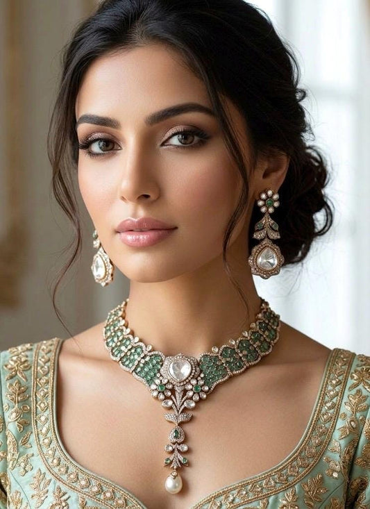 MANNAT Premium quality Kundan and Polki Mint colour necklace set, Indian Pakistani wedding and festive jewelery, collar style necklace set