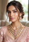 MAHVEEN Pink kundan polki doublet stone multilayered necklace set,Indian Pakistani pink colour wedding bridal jewelery