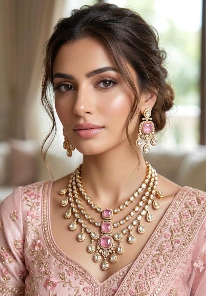 MAHVEEN Pink kundan polki doublet stone multilayered necklace set,Indian Pakistani pink colour wedding bridal jewelery
