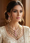 MAHVEEN Pink kundan polki doublet stone multilayered necklace set,Indian Pakistani pink colour wedding bridal jewelery
