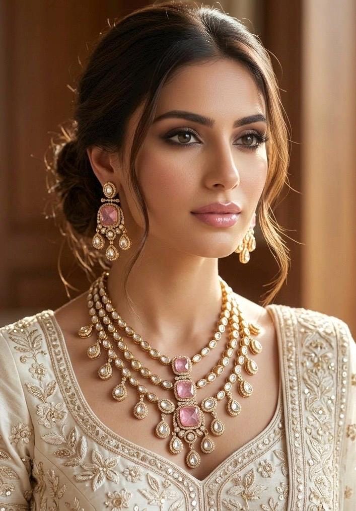 MAHVEEN Pink kundan polki doublet stone multilayered necklace set,Indian Pakistani pink colour wedding bridal jewelery