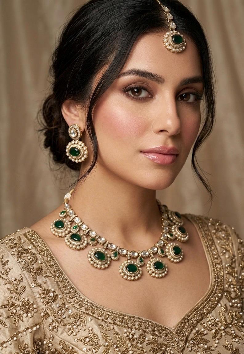 DIVYA Emerald Green kundan and moissanite replica necklace set with maangtika ,Indian Pakistani wedding jewelry in antique golden polish