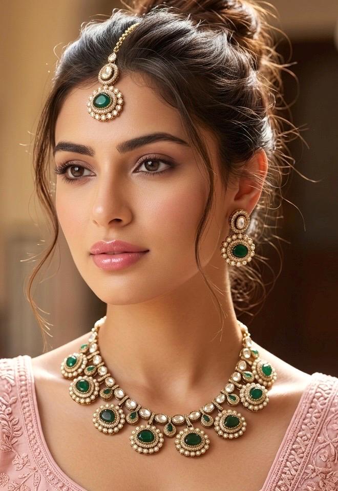DIVYA Emerald Green kundan and moissanite replica necklace set with maangtika ,Indian Pakistani wedding jewelry in antique golden polish