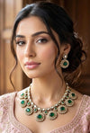 DIVYA Emerald Green kundan and moissanite replica necklace set with matching earrings,Indian Pakistani wedding jewelry in antique golden pol