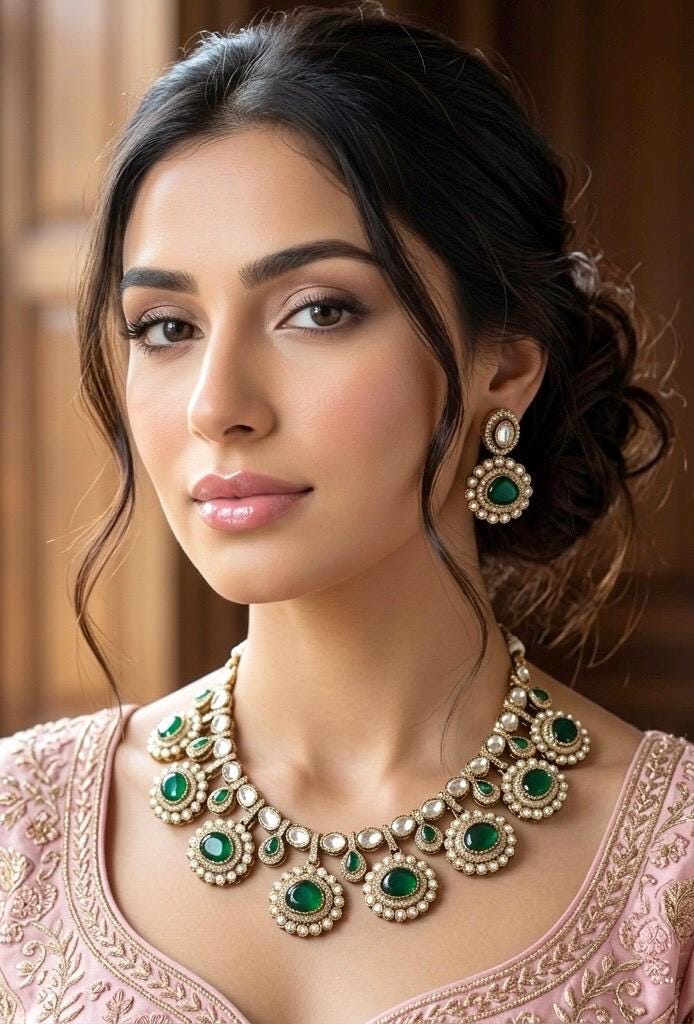 DIVYA Emerald Green kundan and moissanite replica necklace set with matching earrings,Indian Pakistani wedding jewelry in antique golden pol
