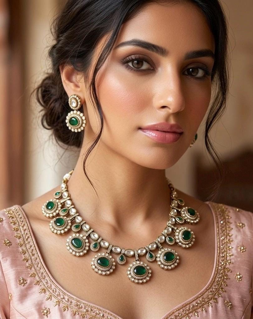 DIVYA Emerald Green kundan and moissanite replica necklace set with matching earrings,Indian Pakistani wedding jewelry in antique golden pol