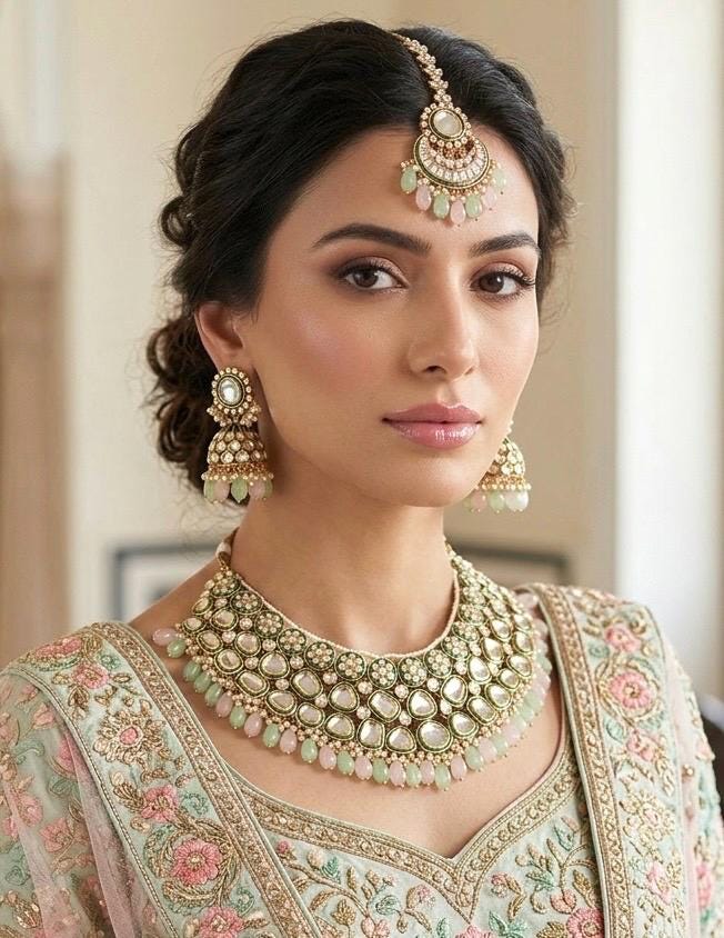 Mint pink Kundan necklace with earrings and maangtika,Indian Pakistani wedding and festive jewelry