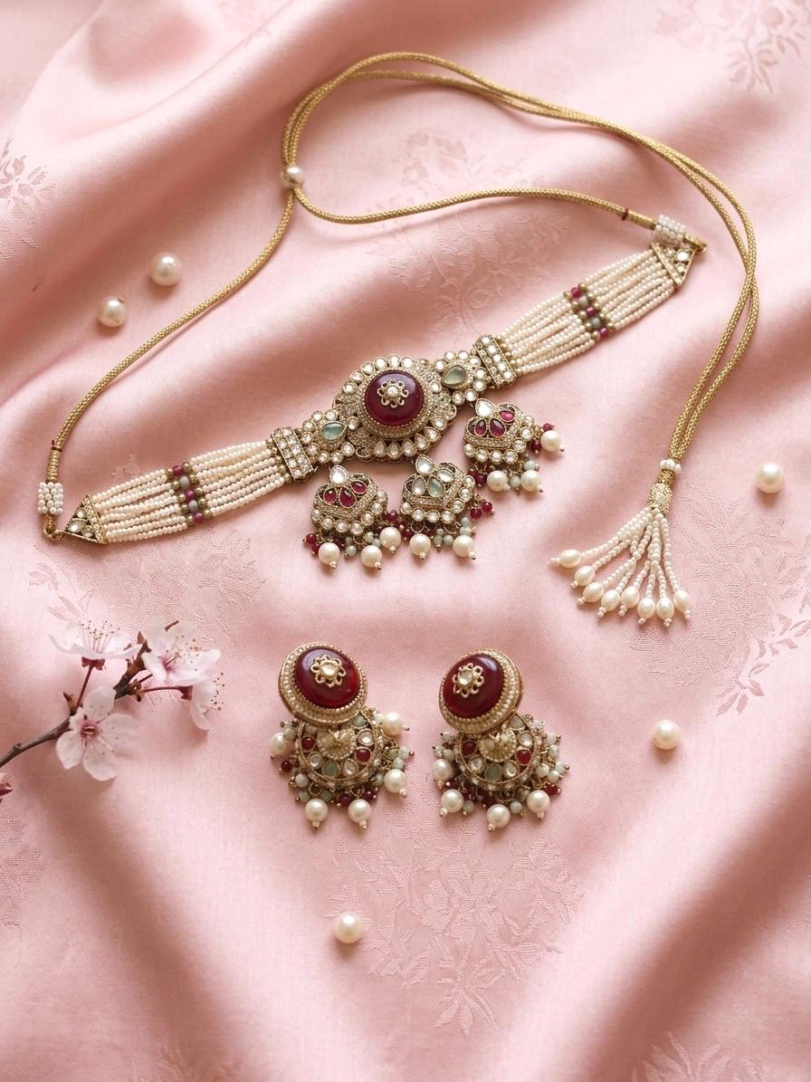 SHAISTA mint ruby kundan and moissanite replica choker necklace set, Indian Pakistani wedding jewelry in antique golden polish