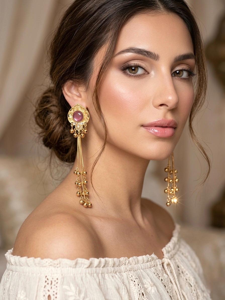 JENNA berry pink and golden Ghunghroo earrings, Kashmiri long statement earrings, Indian Pakistani ethnic tradition wedding jewelry