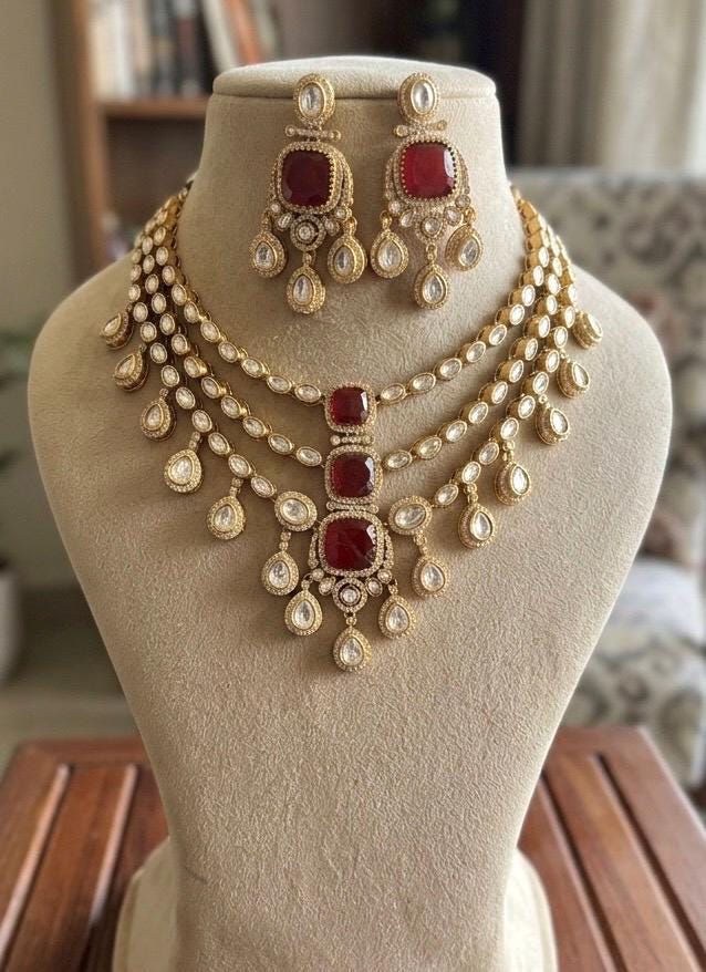 MAHVEEN Ruby red Kundan and polki doublet stone multilayered necklace set,Indian Pakistani green colour wedding bridal jewelery