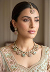 DIVYA Mint pink kundan and moissanite replica necklace set with maangtika ,Indian Pakistani wedding jewelry in antique golden polish