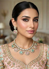 DIVYA Mint pink kundan and moissanite replica necklace set with matching earrings ,Indian Pakistani wedding jewelry in antique golden polish