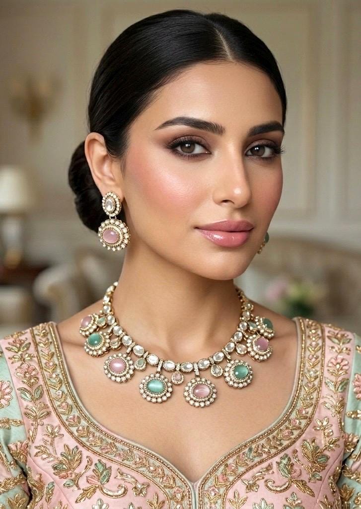 DIVYA Mint pink kundan and moissanite replica necklace set with matching earrings ,Indian Pakistani wedding jewelry in antique golden polish