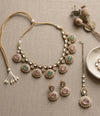 DIVYA Mint pink kundan and moissanite replica necklace set with maangtika ,Indian Pakistani wedding jewelry in antique golden polish