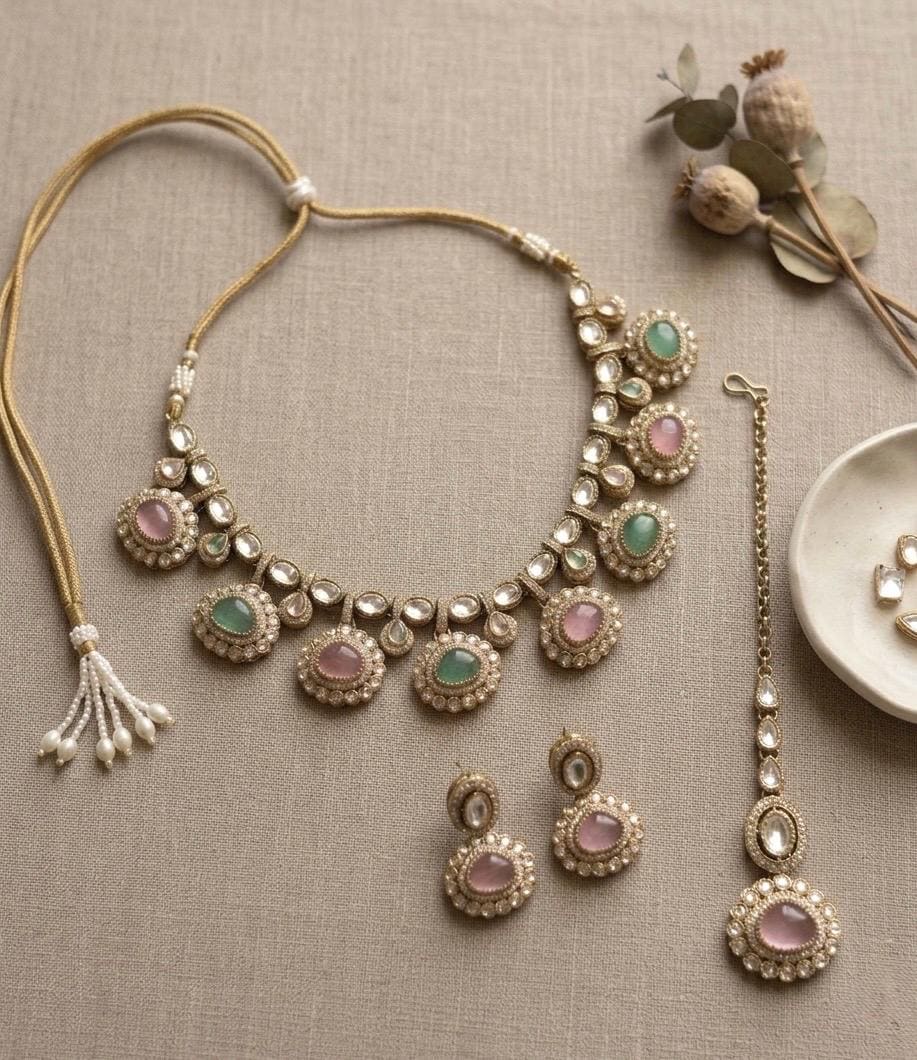 DIVYA Mint pink kundan and moissanite replica necklace set with maangtika ,Indian Pakistani wedding jewelry in antique golden polish