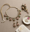 DIVYA Mint pink kundan and moissanite replica necklace set with matching earrings ,Indian Pakistani wedding jewelry in antique golden polish