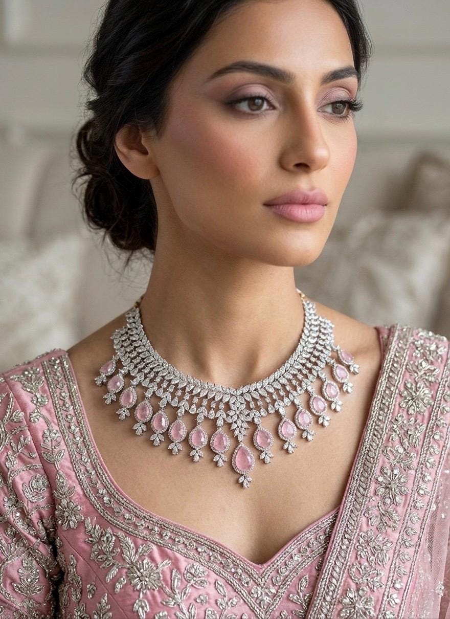 GINA Light Pink American Diamond  necklace set Indian bridal wedding jewelry,, prom jewellery,zircon cz pakistani,costume jewelery