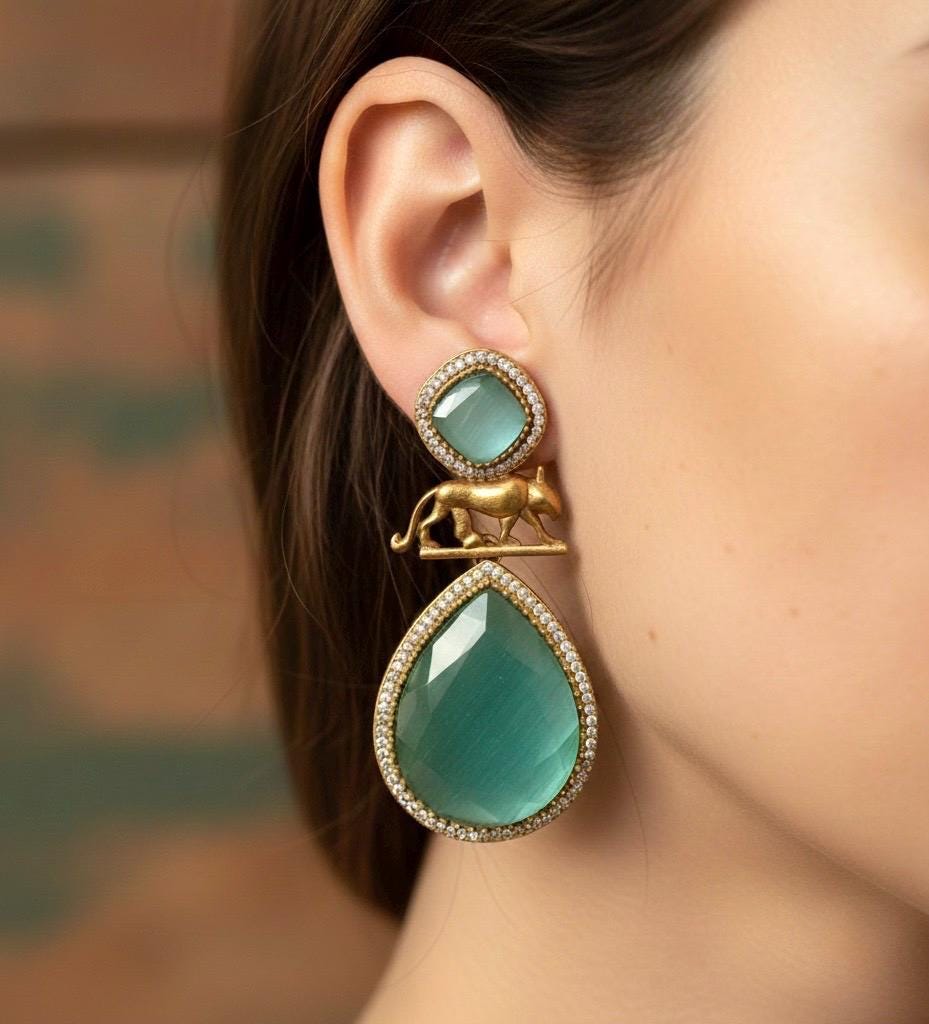 IZRA Sabyasachi inspired mint earrings in antique gold matt finish, Indian fusion earrings in mint  colour, indo western jewelry