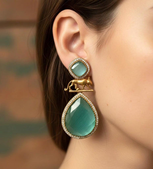 IZRA Sabyasachi inspired mint earrings in antique gold matt finish, Indian fusion earrings in mint  colour, indo western jewelry