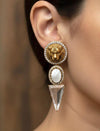 CLEO Sabyasachi inspired white clear stones  earrings in antique matt gold finish and mother of pearl , Indian fusion earrings,