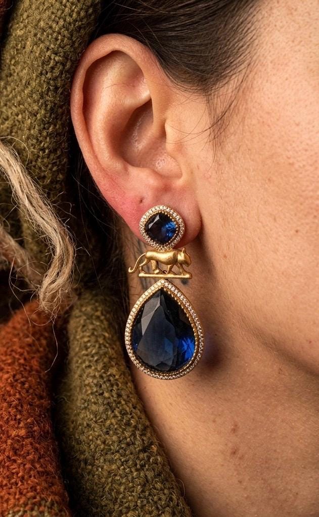 IZRA Sabyasachi inspired navy blue earrings in antique matt gold finish, Indian fusion earrings in navy blue colour, indo western jewelry